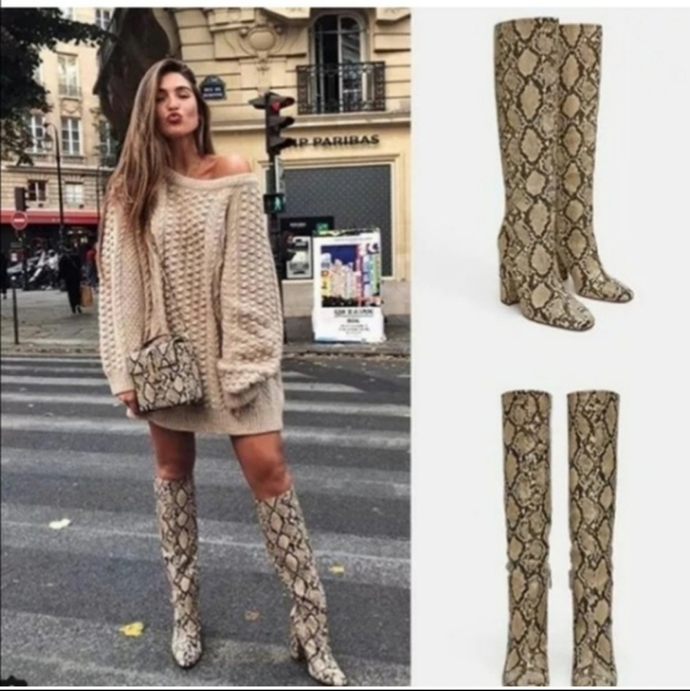 Last one! Zara * Snakeskin Print Knee High Heeled Boots - Picture 2 of 16